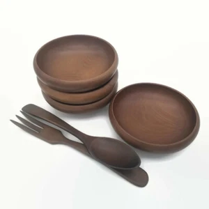 Vintage Japan Hand Carved Hardwood Bowl Set Fork Spoon Imperial International - Picture 1 of 13