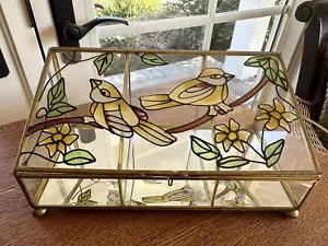 Vintage Brass Glass Jewelry Trinket Display Box Painted Stained Glass Birds - Picture 1 of 13