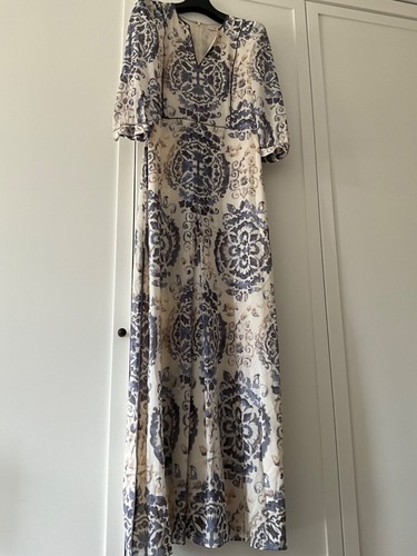 Abito lungo stile caftano in seta Tory Burch al dettaglio oltre £1000 blu crema US 4 UK 10