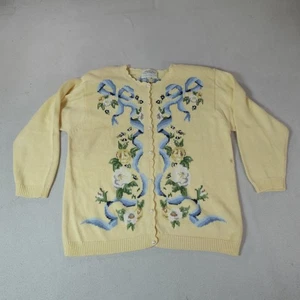 Cardigan maglione vintage Susan Bristol donna XL giallo floreale nastro perline anni 90 - Foto 1 di 17