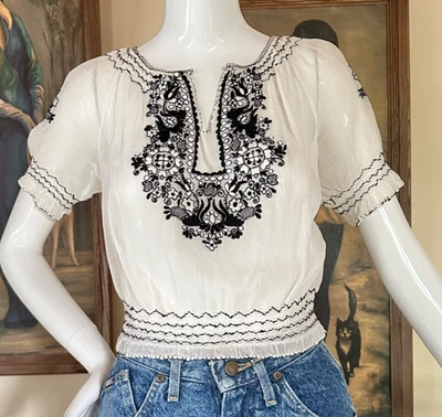 Vintage 30s 40s Sheer Embroidered Hungarian Peasant Blouse White Black Hippy XS - Image 1 of 4