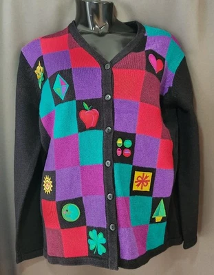 Nuevo de Lote Antiguo Bob Mackie Suéter Arte Usable Talla M Cárdigan Bordado Bloque de Color  Foto 1 de 4