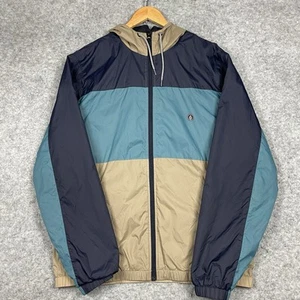 Volcom Rain Jacket Mens Large Blue Color Block Full Zip Hooded Windbreaker Coat - Picture 1 of 8