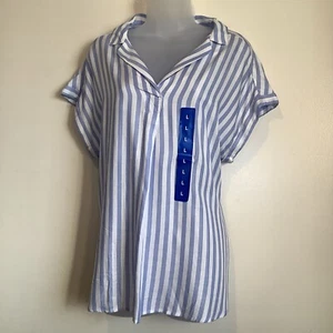 NWT Gap women's basic v-neck striped rayon short sleeves blouse blue white Large - Picture 1 of 12