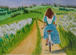 ACEO Original - Una niña montando una bicicleta en el campo - Acuarela 2,5 x 3,5 firmada - Imagen 1 de 4