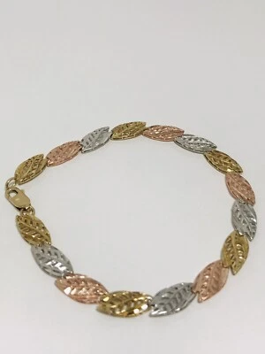 10K Solid Multi Tone Gold Bracelet Diamond Cut Filigree Leaf Sequence 7.2/8” - Image 1 of 4