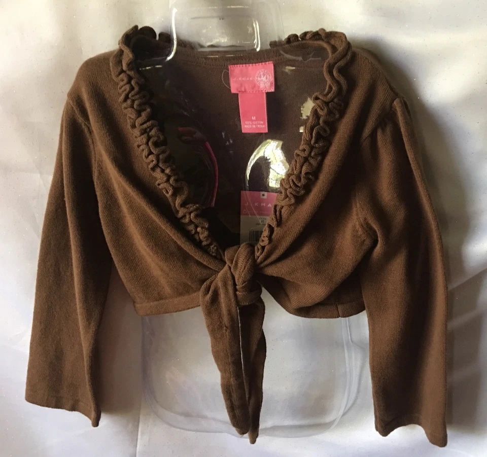 J KHAKI GIRLS BROWN SHRUG DANCE TIE FRONT RUFFLE NECK SWEATER SIZE M-RETAIL $29 - Image 1 of 1