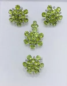 Solid Silver 925 Shaped Flower Pendant Ring & Earring With Natural Oval Peridot - Picture 1 of 9