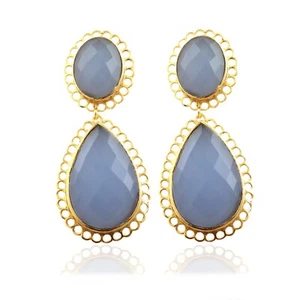 Lite Blue Chalcedony Gold Plated Gemstone Stud Dangle Earring Birthday Gift Her - Picture 1 of 4