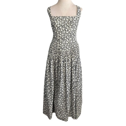 Abito midi Tory Burch Ditsy floreale seta taglia 14 corsetto taffettà nero bianco nuovo