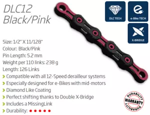 KMC DLC12 Chain — 126 Links / Pink & Black — AUS STOCK — Bike Road Drivetrain - Picture 1 of 1