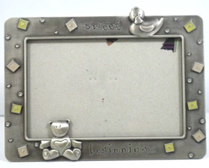 Fetco Picture Frame Pewter 4x6 Sweet Beginnings Baby Frame with Ducks and Bears - Picture 1 of 3