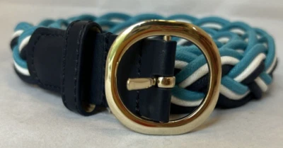 Talbots 100% Cotton Belt Navy Turqoise White Braided Metal Buckle - Image 1 of 4