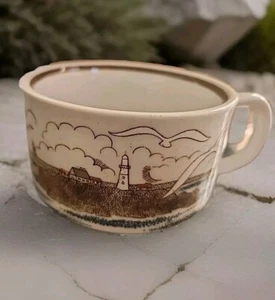 Vintage Speckled Otagiri ? Soup Mug Coastal Lighthouse seagull sail boat - Picture 1 of 6
