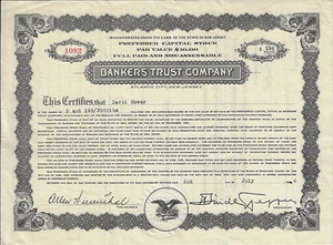 NEW JERSEY 1934 Bankers Trust Company Stock Certificate Atlantic City - Picture 1 of 2
