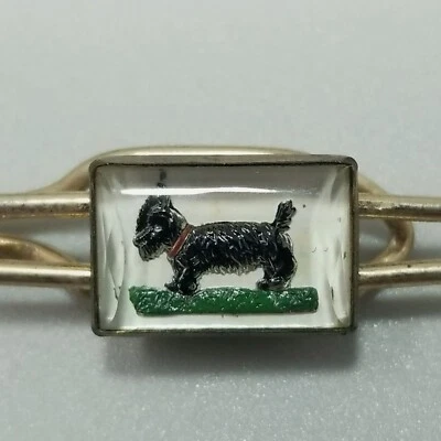 Vintage Black Dog Tie Clip Reverse Painted Molded Glass Scottie Terrier - Image 1 of 4