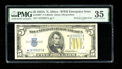 DBR 1934-A $5 Silver North Africa STAR Fr. 2307* PMG 35 Serial *10729227A - Image 1 of 2