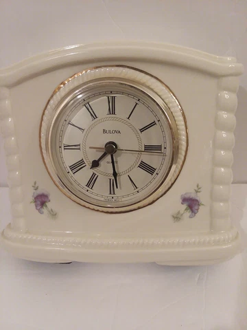 Bulova Purple Floral Guilt Genuine Porcelain Mantle Desk Clock Made in Taiwan Cover