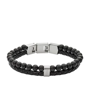 Fossil Men's Leather and Beaded Bracelet, Color: Black (Model: JF02763040) - Picture 1 of 7