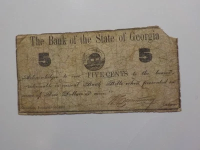 Civil War Confederate 1861 5 Cents Note Bank Of The State Of Georgia Savannah  - Image 1 of 2