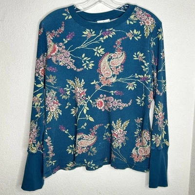 Camisa Sundance para mujer XL verde azulado floral cachemir térmica tejido gofre puño de terciopelo Foto 1 de 4