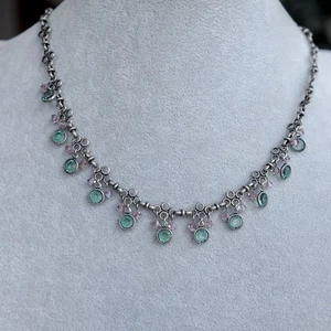 Liz Palacios SF silberfarbene Halskette rosa Kristalle filigran Kunsthandwerk signiert 17 Zoll - Bild 1 von 8