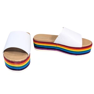 Madden Girl 9 NIB Ashley White Faux Leather Rainbow Platform Slide Sandals - Picture 1 of 11