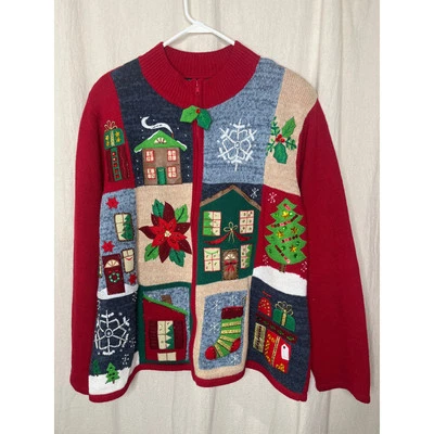 Cárdigan con cremallera completa Ms. Lee Christmas Holly Patchwork Granny Teacher de la década de 1990 2X Foto 1 de 4