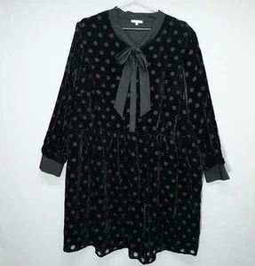 Lace & Mesh Dress Womens 3X Black Velvet Burnout Polka Dot Tie Neck Long Sleeve - Picture 1 of 12