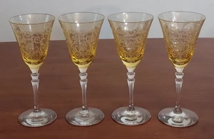 4 FOSTORIA Elegant Glass VERSAILLES Deco TOPAZ Etched WINE GOBLETS Waterfall Stm - Picture 1 of 5