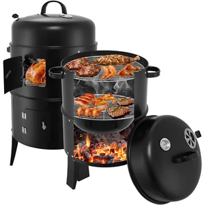 Holzkohlegrill BBQ Räuchertonne 3 in 1 Standgrill Kohlegrill schwarz Ø 41 cm - Bild 1 von 12