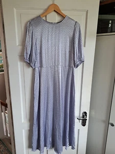 M&S COLLECTION Light Blue Black Polka Dot Satin Midi Dress Size 14 - Picture 1 of 6