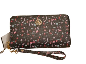 NEWWT ADRIENNE VITTADINI ZIP AROUND WALLET BLACK PINK FLOWERS LEATHER WRISTLET - Picture 1 of 9