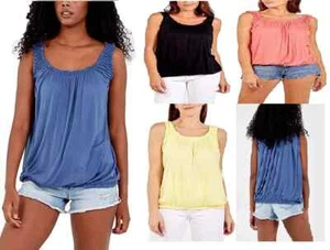 Ladies Jersey Bubble Vest Women Ruched Stretch Elastic Neck Hem Balloon Top - Picture 1 of 22