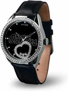 MISSISSIPPI OLE MISS REBELS WOMEN'S BLACK BEAT WATCH FLOATING HEART CRYSTALS - Picture 1 of 1