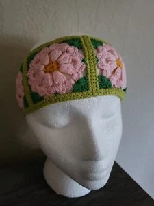 CROCHET HEADBAND WRAP HOBO HIPPIE RETRO PATCH GREEN PINK NEW - Picture 1 of 7