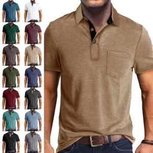 Men Summer Tops Short Sleeve Polo Shirt Mens Lapel Neck Beach Solid With Pocket - Picture 1 of 48
