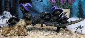 Halloween 5 Black Kitten Cats With Witch Hat Riding Magical Broomstick Figurine - Picture 1 of 8