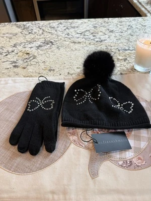 NUEVO gorro Sofia con lazo de cachemir estrás pompón y guantes a juego en negro Foto 1 de 4