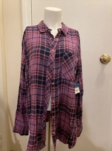 New Arizona Jeans Co Button Down Shirt Womens L Pink Purple Plaid Long Sleeve - Picture 1 of 7