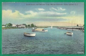 Yacht Basin & Officer's Club Marine Barracks Paris Island SC Linen Postcard - Picture 1 of 2