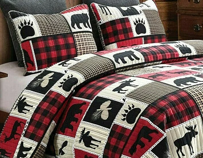 Lodge Life Full/queen 3 Pc. Quilt Set Bear Moose Red Buffalo Check Cabin