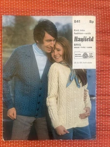 MENS WOMENS ARAN BRIG CABLE KNIT CARDIGAN JACKET 34-44” VTG KNITTING PATTERN 841 - Picture 1 of 2