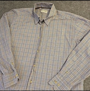 David Donahue Dress Shirt Mens XL Navy Blue Brown L/S Plaid Button Down Business - Picture 1 of 7