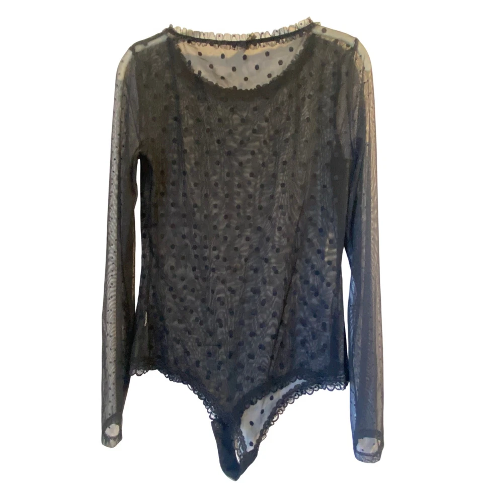 NWOT Intimissimi Long Sleeve Bodysuit tulle black polka dot ruffled neckline M - Image 1 of 4