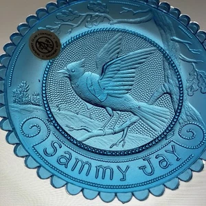 Sammy Jay Thornton Burgess Gift for Bird Watcher Blue Pairpoint Glass Cup Plate - Picture 1 of 10