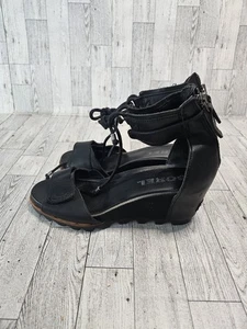 Sorel Women's 9 Joanie Black Leather Ankle Tie Wedge Sandals Shoes Lace - Picture 1 of 9