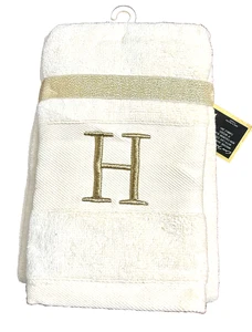 Truly Yours Monogram Initial Script "H" Ivory Gold Cotton 16"x30" 2 Hand Towels - Picture 1 of 4