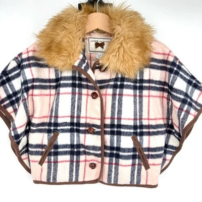 Janie and Jack Girl's Equestrian Plaid Button Up Poncho Cape Faux Fur Collar - Image 1 of 4
