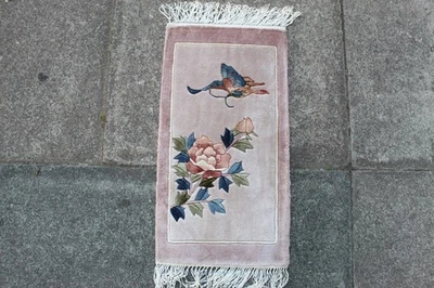 Vintage Silk Rug Hand Made Art Deco Chinese Oriental Beige Small Rug 60x32cm - image 1 of 4